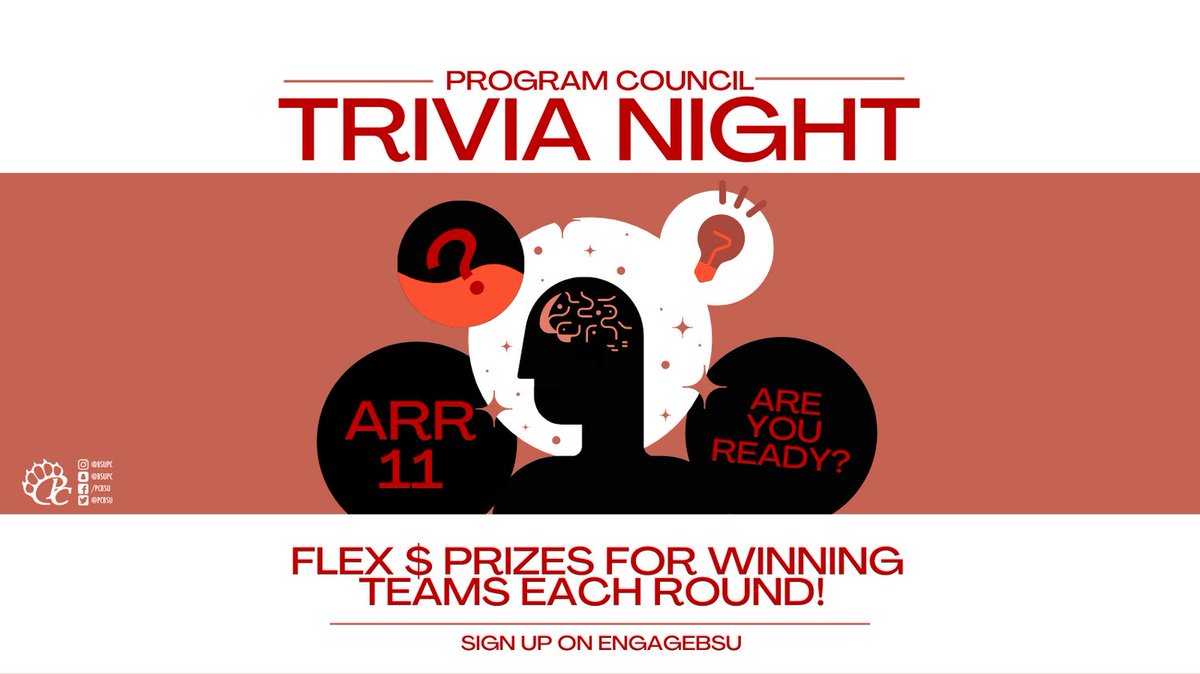 Test your BSU spirit skills! Join us for PC Trivia Night Monday, April 11th @ 7PM in the RSU Ballroom! Flex dollar prizes for the winning team each round!