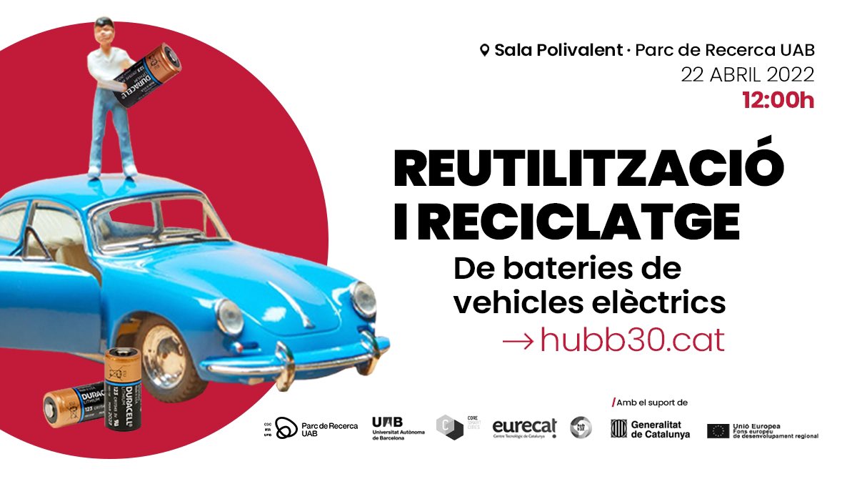 consellvallesoc's tweet photo. 📢🔌 Hubb30 Brunch Innovació: “Reutilitza i recicle bateries de vehicles elèctrics”
Per un ecosistema de llarga durada, perllonguem l’energia d’aquestes bateries!!
🕛12.00
🏠 Edifici Eureka. UAB
👉 més info: https://t.co/IYlUZS1xW5
#Hubb30 #PECT #MediAmbient #reciclatge https://t.co/HaJ2Me6fBg