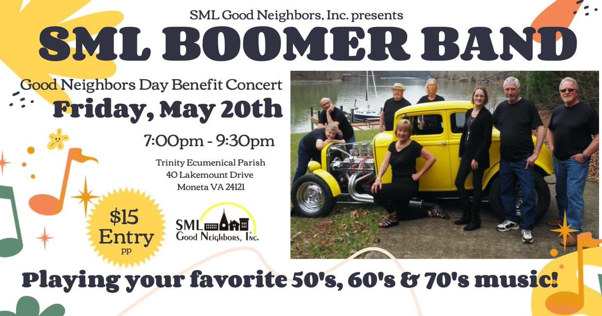 SML Good Neighbors is celebrating 15 years! Let’s celebrate together 💛
#SMLGN DAY CONCERT w/ SML Boomer Band !!!
5/20/22
$15 pp
Tickets Online at
smlgoodneighbors.org/good-neighbors…
Tickets Local at Mama Ann's Gifts &amp; Goodies off of Scruggs Rd.
#smlva #smithmountainlake