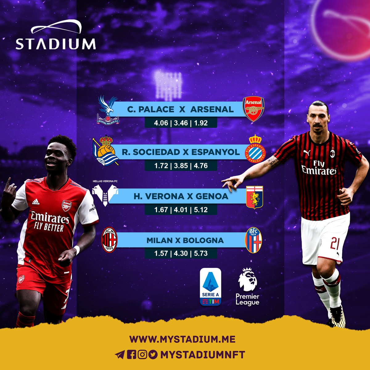 MyStadiumNFT's tweet photo. Today we have games in Italy and England, come and bet on the best! https://t.co/kMk43VWXQU