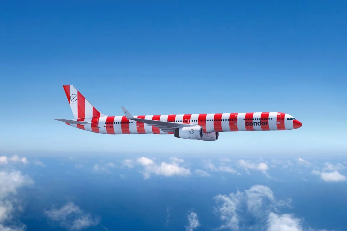 SteveRudin7News's tweet photo. What do you think? 

Some thought the new livery for #CondorAirlines was an April Fools joke - nope. It is for real. #stripes #airlines #travel #germany https://t.co/SeXbfbQZWL
