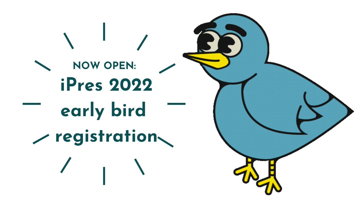📢 Calling all early birds 📢 #iPres2022 just opened registration!!

Secure your online or in-person place now and benefit from the early bird fee 👇🏽

ipres2022.scot/registration/

#LetDigitsFlourish #LetiPresFlourish #digitalpreservation #digipres #earlybird #fee #online #inperson
