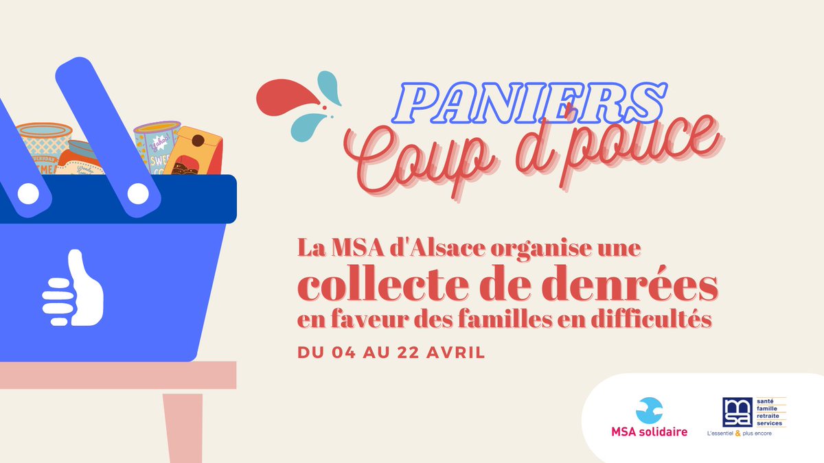 MSAAlsace's tweet photo. 📣 APPEL AUX DONS ALIMENTAIRES l 🛍️ Les denrées non-périssables collectées seront redistribuées aux familles suivies par les travailleurs sociaux de la #MSA d’Alsace.
Toutes les informations 👉 https://t.co/6JcOhPaAlw
#solidarité #collecte #entraide #alsace #msasolidaire https://t.co/BeQHYWO767