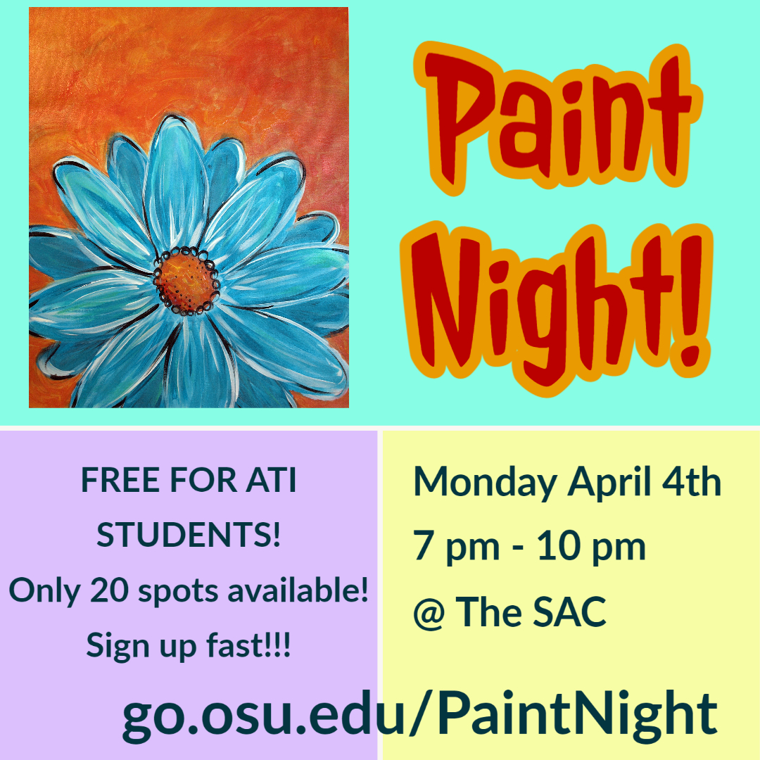ati_osu's tweet photo. We still have room for tonight's Paint Night! Sign up at https://t.co/nQBU9TiNRv!

Monday, April 4 at 7:00 pm at the SAC https://t.co/jLKprP1hH7