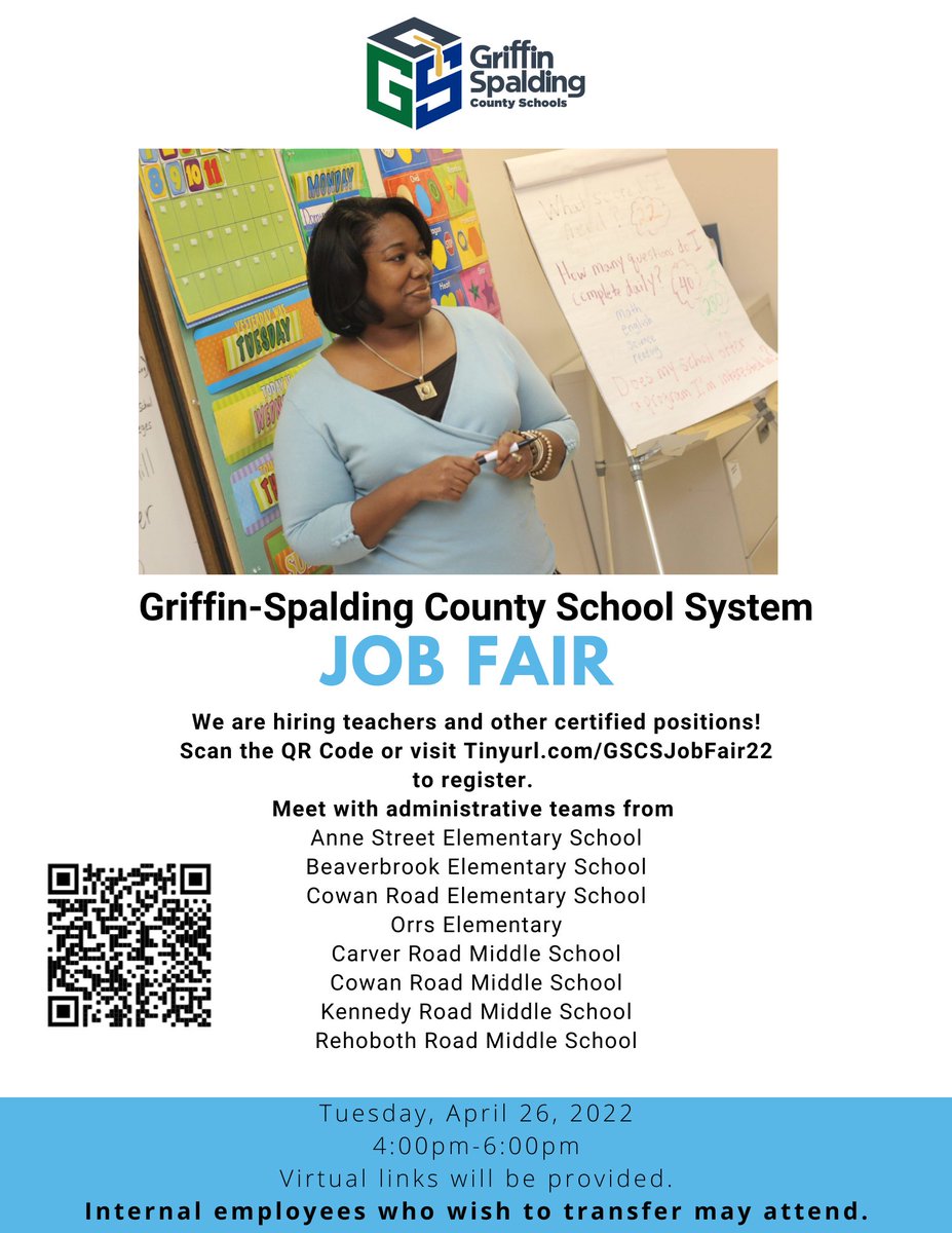 🚨🚨NEW SCHOOL ADDED! Register today for this upcoming virtual job fair in <a href="/GriffinSpalding/">Griffin-Spalding K12</a>!
Tinyurl.com/GSCSJobFair22 <a href="/AnneStreetES/">Anne Street Elementary School</a> <a href="/beaverbrookgscs/">Beaverbrook Elementary School</a> <a href="/CowanRdElem/">CowanRd Elem</a> <a href="/OrrsElementary/">Orrs Elementary</a> <a href="/CarverRoadMS/">Carver Road Middle</a> <a href="/cowanroad1/">Cowan Road Middle</a> <a href="/KennedyRoadMS/">Kennedy Road Middle</a> <a href="/RehobothRoad/">Rehoboth Road Middle</a>