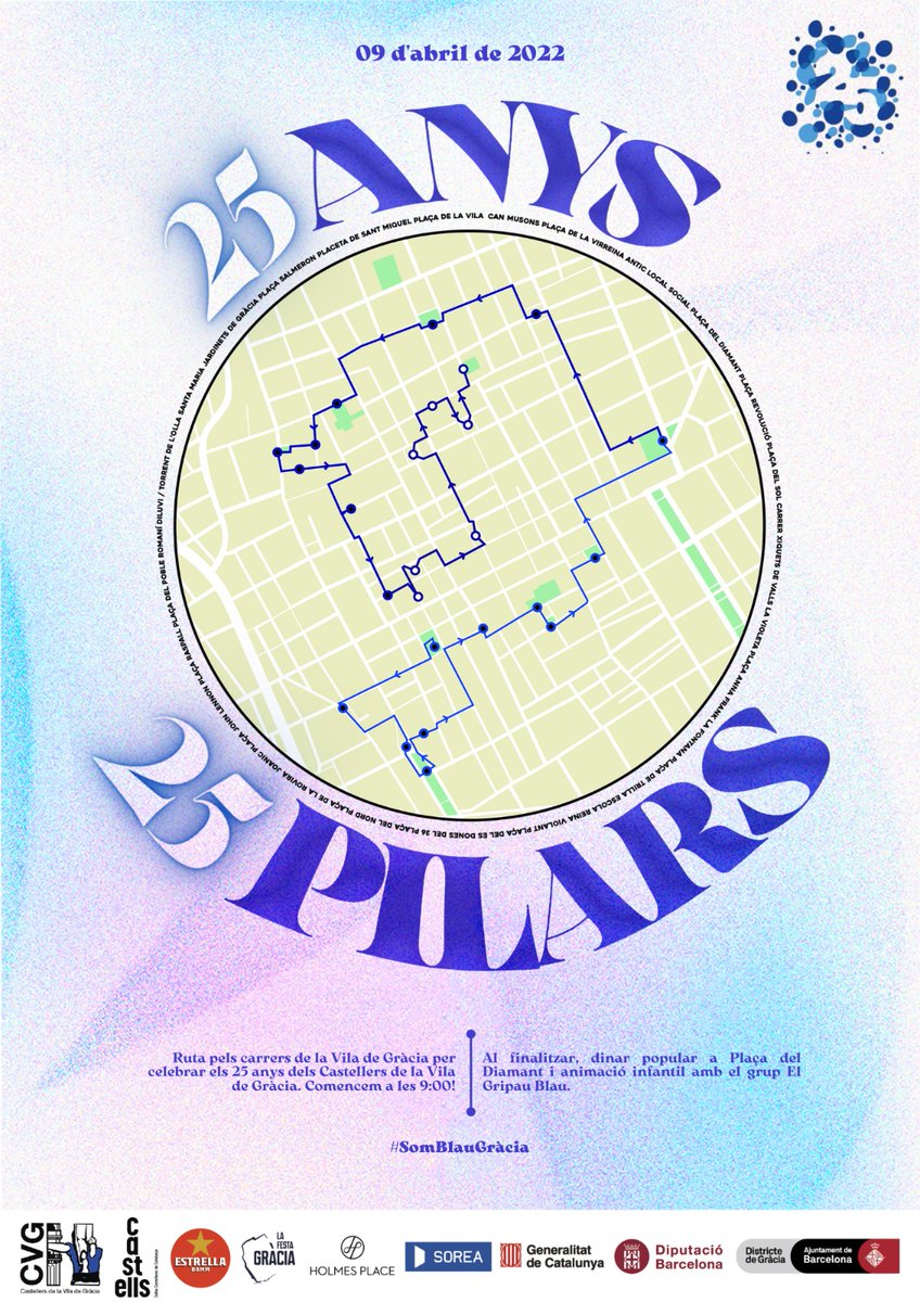 cvg_cat's tweet photo. Dissabte dia 9 vine a celebrar amb nosaltres els #25anysCVG

Alçarem 25 pilars en diferents places i carrers de la Vila per celebrar el nostre aniversari.

Des de les 9 del matí comencem a la Pl de la #ViladeGràcia i recorerem tot Gràcia.

#castelleres #castellers #25Anys25Pilars https://t.co/wllRyZW3a6