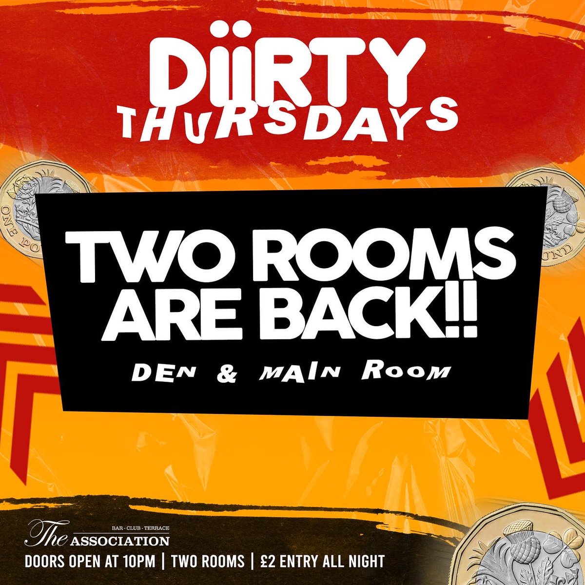 AssociationBurt's tweet photo. TWO ROOMS ARE BACK!!!!
DiiRTY Thursdays are back with a BANG!! 💣

✅ £1.20 Vodka &amp; Mixer
✅ Quid Bombs
✅ £2 Entry All Night

Come join the BIGGEST night in Derbyshire! 
Next week the UNIs are back too! 😈🥳

@neeevfrancess 💗💗💗 https://t.co/bfxYcxJ1CG