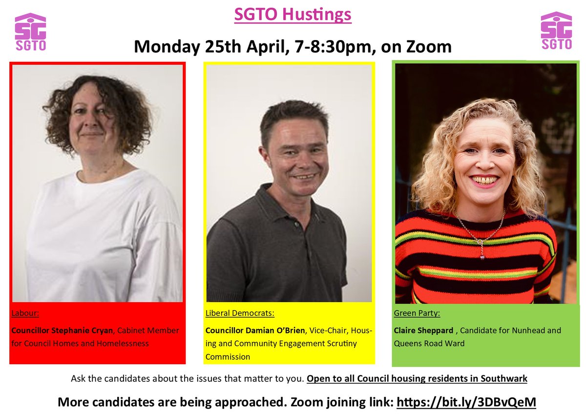 Save the date! SGTO Hustings: Monday 25th April, 7-8:30pm. Open to all Council housing residents. RSVP to info@sgto.co.uk. @steviecryan @damian_obr @ShinyShep Ask the candidates about the issues that matter to you! #housing #southwark #elections