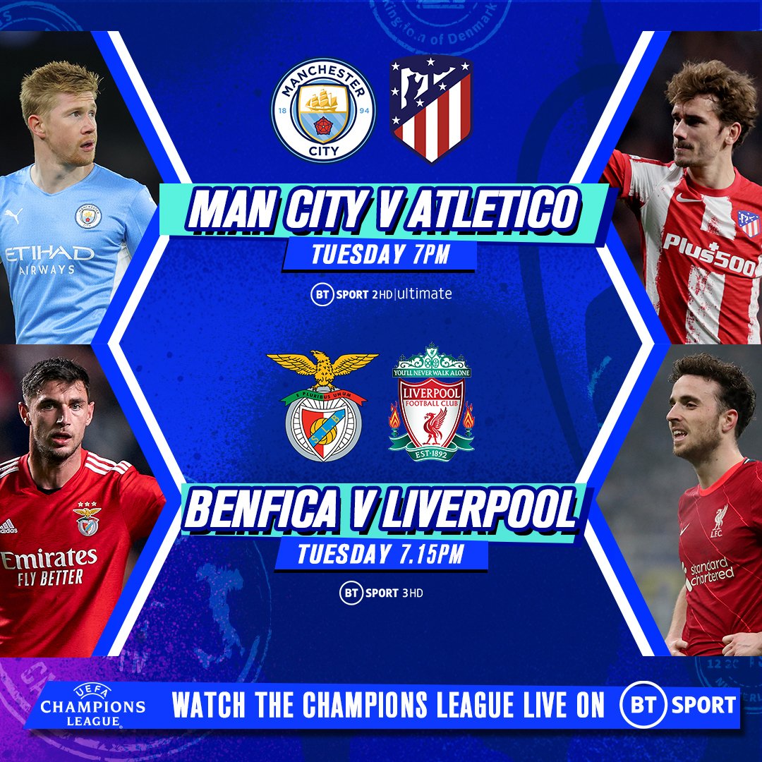 X 上的Football on TNT Sports：「Two HUGE clashes to kick off another #UCL week! 🔥 Man City 🆚 Atletico Liverpool 🆚 Benfica Join us live tonight to see how the countrys top