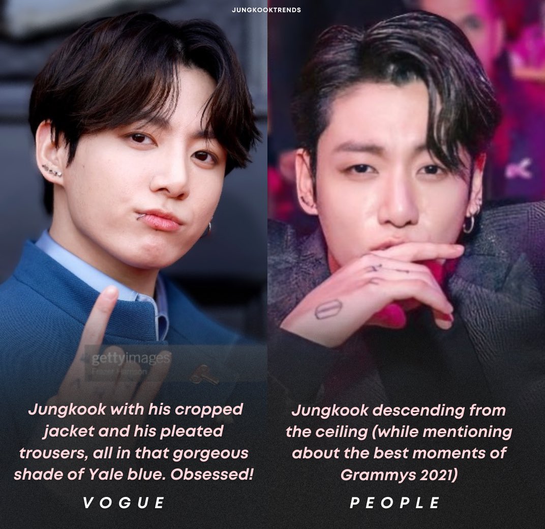 jungkooktrends's tweet photo. Jungkook’ was singled as the ‘best dressed celebrity’ and his performance ‘one of the best moments’ of #GRAMMYs by renowned magazine outlets Vogue and People. https://t.co/Iu638GsbTt
