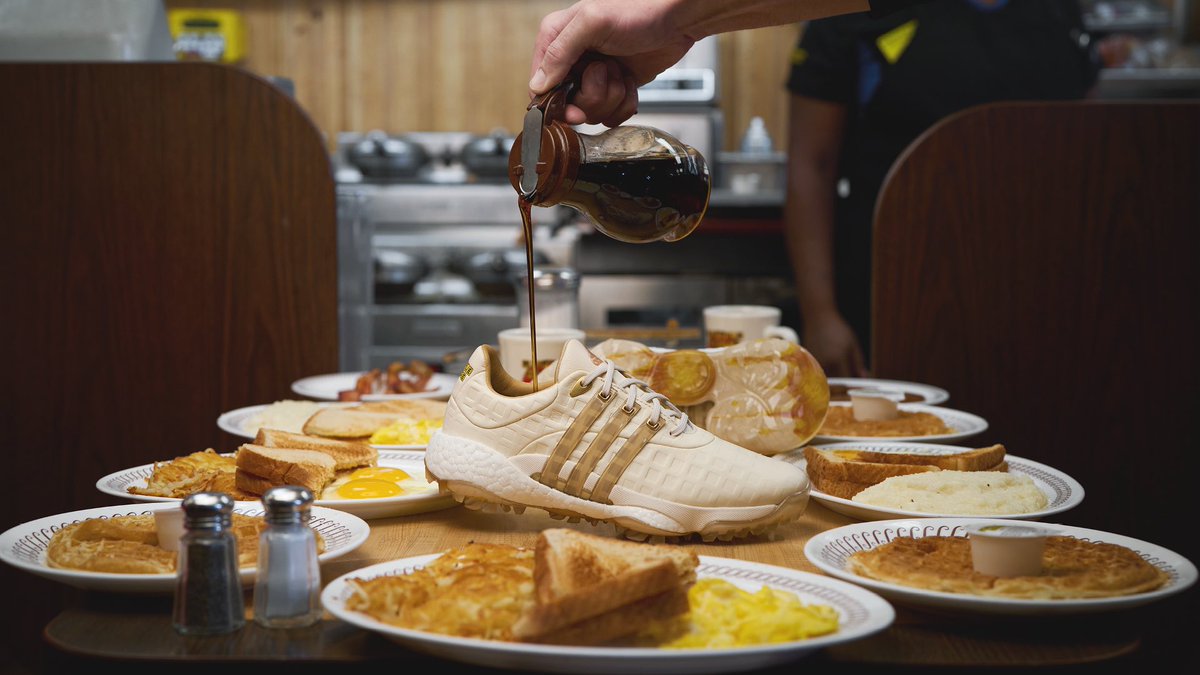 TomVH's tweet photo. Adidas golf takes the early lead in Georgia/Masters themed gear. They collaborated with Waffle House for a pair of shoes that will release April 7. https://t.co/rJNqpl4E9O