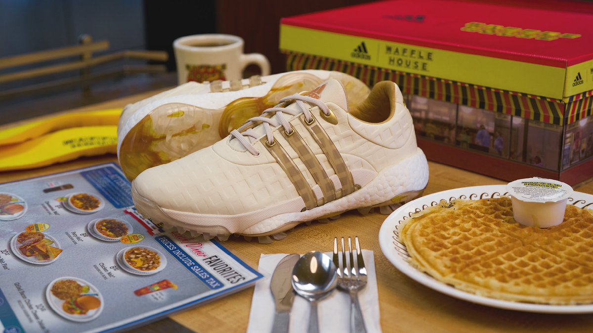 TomVH's tweet photo. Adidas golf takes the early lead in Georgia/Masters themed gear. They collaborated with Waffle House for a pair of shoes that will release April 7. https://t.co/rJNqpl4E9O