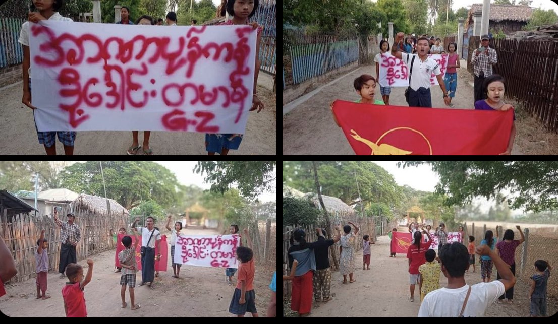 mtina2613's tweet photo. Pro democracy youths in a village, Yinmarbin Township, are still marching with vigor to keep opposing the military dictatorship.   #BURMAAct2021 #PressureCongress #2022Apr4Coup #HearTheVoiceOfMyanmar https://t.co/5v1FJ3TZvl