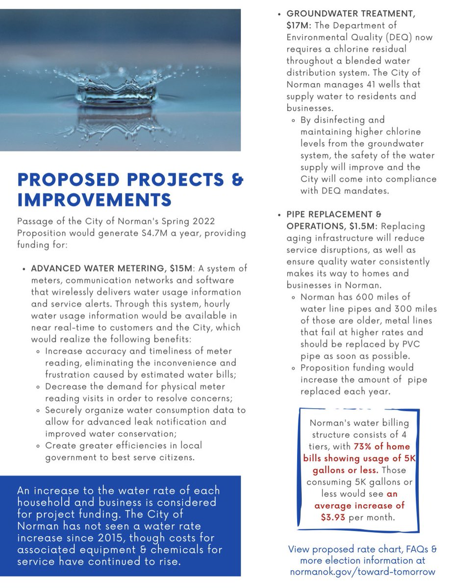 cityofnormanok's tweet photo. 4/5/22 is Election Day, Norman!
The Water Rate Proposition will determine funding for projects below. Also on the ballot: Run-off elections for Mayor & Ward 4 Council seat.
See your voter status & find polling place here:
https://t.co/YxKPwhiD60
#VOTE #TowardTomorrow 🗳🇺🇸 https://t.co/3OsUgxydbL