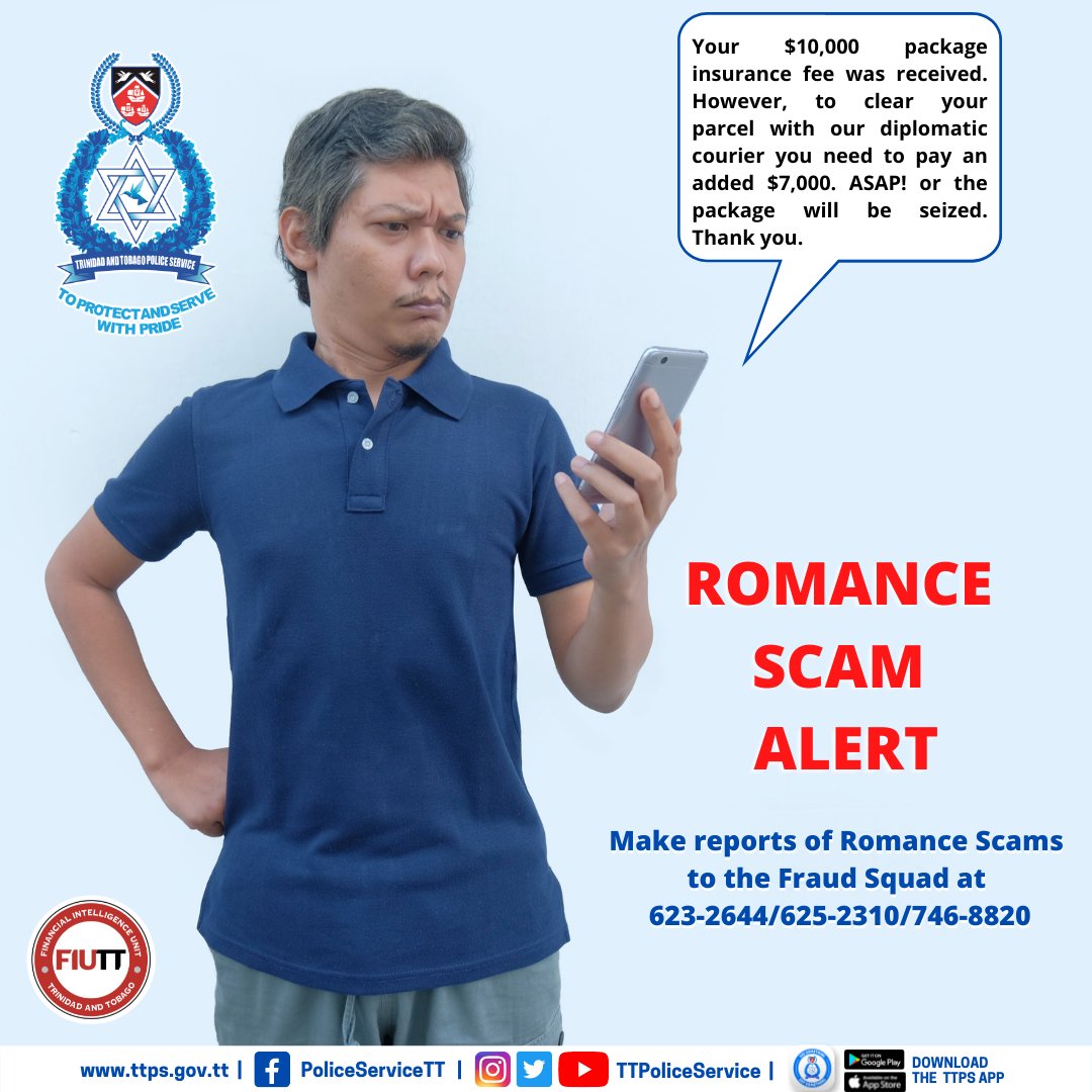TTPoliceService's tweet photo. Report Romance Scams!

-If someone asks you for money online or tries to manipulate you into parting with your money, cease all communication immediately. 

#TheLoveCon #HeartHacker #GiftGrift #OnlineSafety #RomanceScamAlert #FinancialLiteracy #FIUTT #myTTPS https://t.co/z7k7pzPE3I