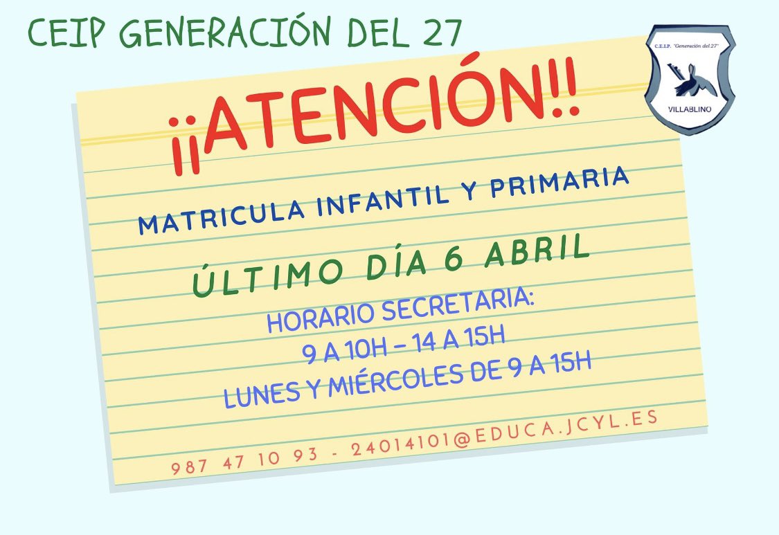 ⏰⏰ ATENCIÓN ⏰⏰

El miércoles 6 de abril es el último día para realizar la admisión del alumnado de Infantil y Primaria.

Si aún no la has hecho...
¡Ponte en contacto con nosotros! y si tu horario no te permite venir por las mañanas, llámanos y concertamos una hora.