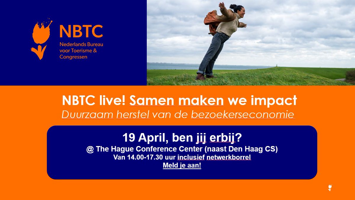 NBTC live! 19 april met o.a.:
- Data &amp; inzichten: wat is de impact van bezoek?  
- Verduurzaming: wat is de weg naar klimaatneutraal toerisme? 
- Landelijk gebied: hoe dragen bezoekers bij aan de transitie van het Nederlandse landschap?
Meld je aan via: bit.ly/3x7eGVc