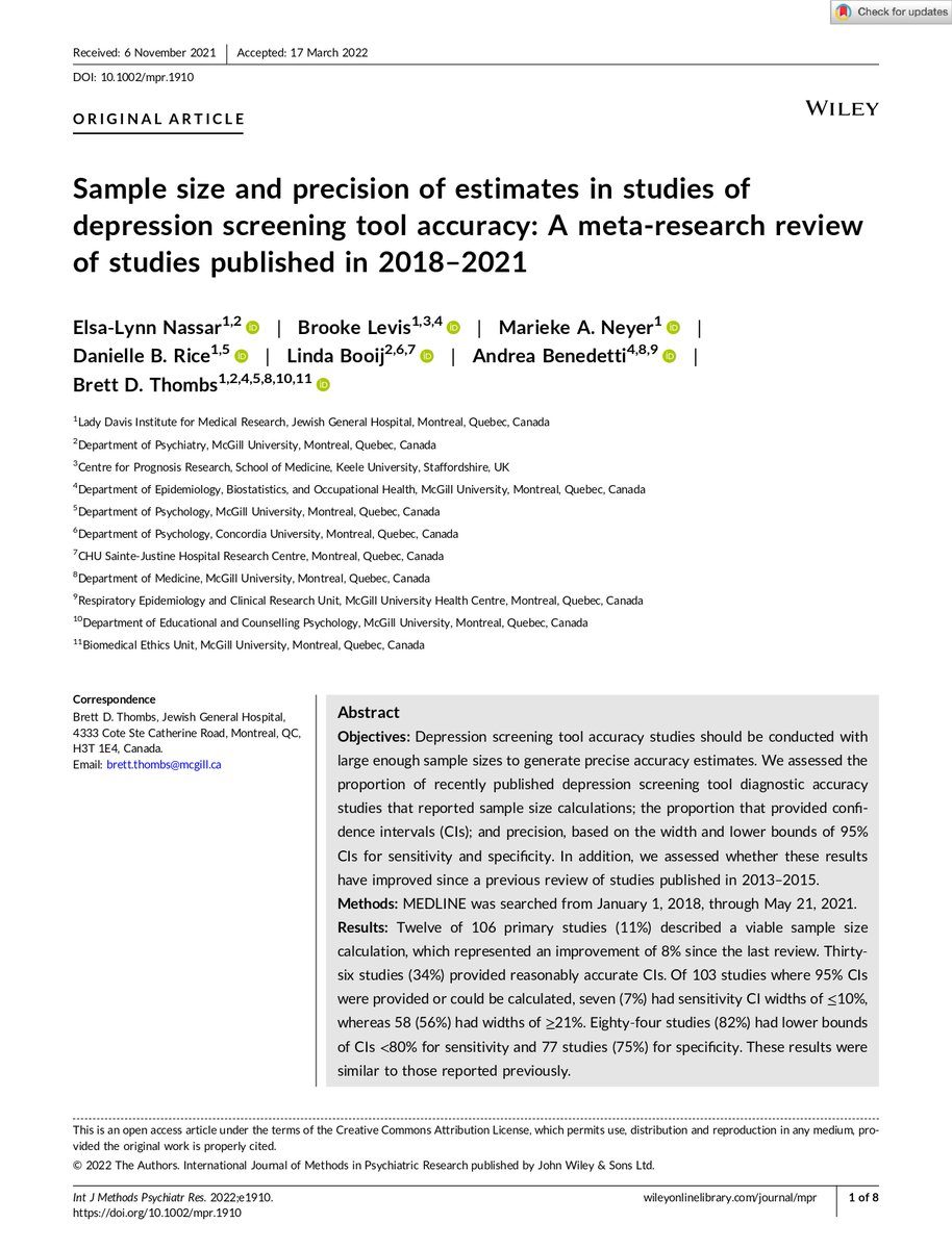 Another meta-research #review of #depression #screening accuracy studies. 

doi.org/10.1002/mpr.19…

106 studies were identified/assessed.
1. Only 11% reported a sample size calculation
2. Only 34% reported CIs
3. Overall, sample sizes were too small to generate precise estimates