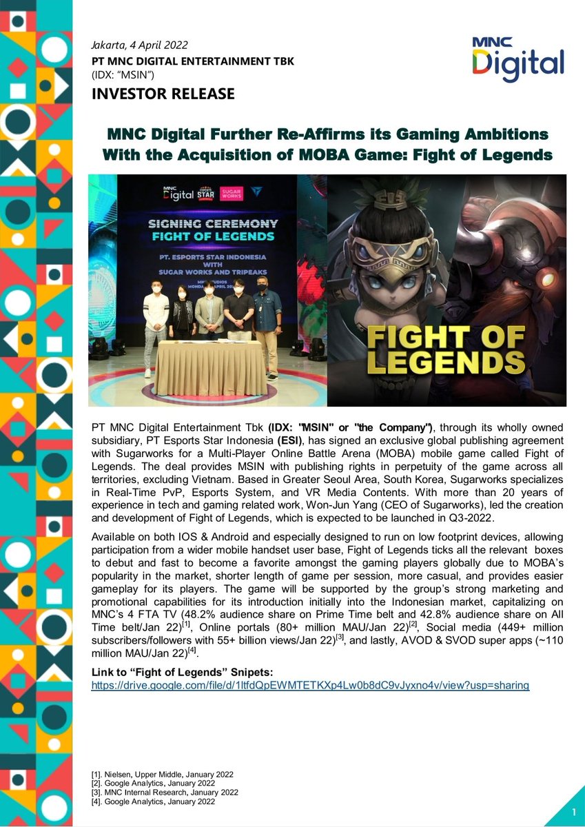 Hary_Tanoe's tweet photo. The signing ceremony of the Acquisition of MOBA Game: Fight of Legends. Monday, 4 April 2022.
Congrats Esports Star Indonesia (ESI). Good job! #HT
#HaryTanoesoedibjo #MNCDigital #MNCDigitalEntertaiment #MSIN #MNCGroup #MOBA #Sugarworks #FightofLegends #EsportsStarIndonesia https://t.co/vWM8Kkm5Np