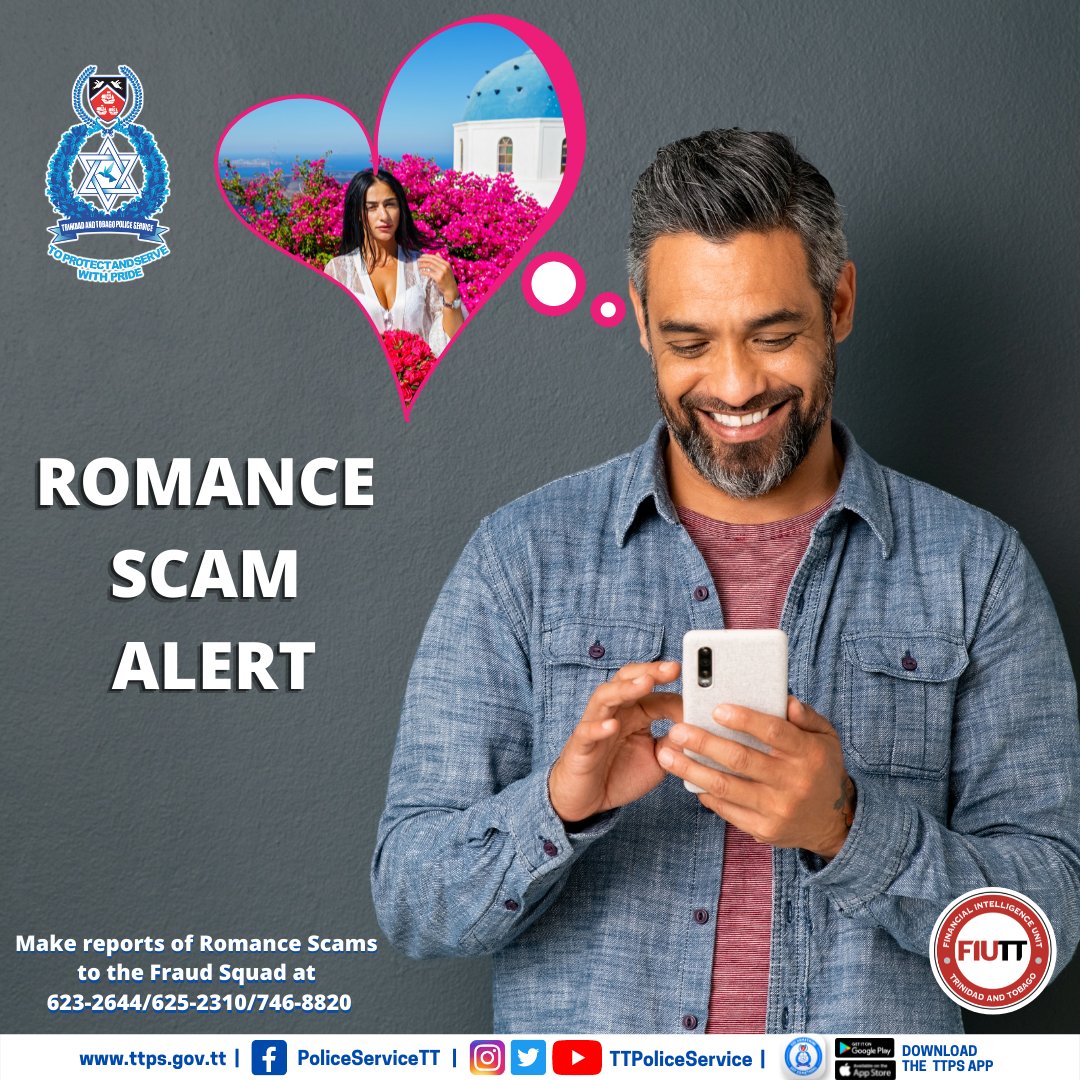 TTPoliceService's tweet photo. Don’t Be Fooled. Here are some Online Dating Rules:

-Do reverse image searches of profile pictures.
-Go slowly and ask lots of questions. If they ignore your questions, this is a big red flag. 

#TheLoveCon #HeartHacker #GiftGrift #OnlineSafety #RomanceScamAlert https://t.co/T8UeDzWJVL