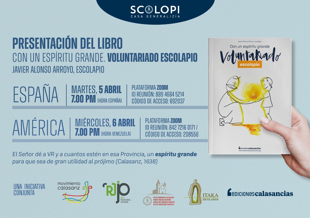 Mañana tendrá lugar la presentación del libro "Con un espíritu grande. Voluntariado escolapio" de Javier Alonso, que seguro que nos da claves muy importantes para avanzar en nuestra labor como voluntari@s.Te animas?
Mañana martes, a las 19 horas. Pídenos el enlace de conexión!