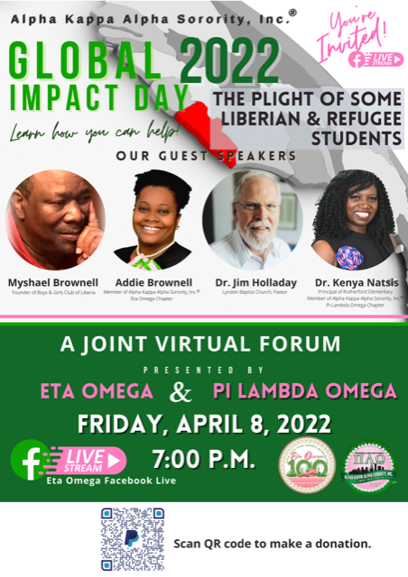 AKAPLOC's tweet photo. Join ETA OMEGA &amp; PI LAMBDA OMEGA Chapter for a FB Live event on Friday, April 8, 2022, at 7:00 pm for Global Impact Day https://t.co/tpvyk69B9G
