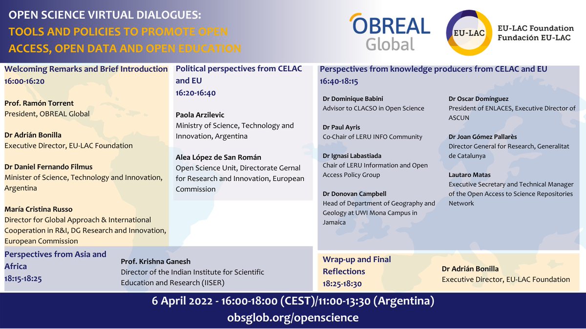 OBREAL_'s tweet photo. 📣 6th April | We will have the first dialogue on #OpenScienceEULAC: "Tools and policies to promote open access, open data and open education"
Join us by registering at https://t.co/AzUcWT6VPS https://t.co/pF3qZAfq3U