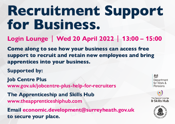 Surreyheath's tweet photo. Join this free event to get support for your recruitment.

To be held at @LoginLounge in Camberley on 20 April.

#BusinessInSurreyHeath #business #recruitment #LoveCamberley https://t.co/yj2EYOjJYC
