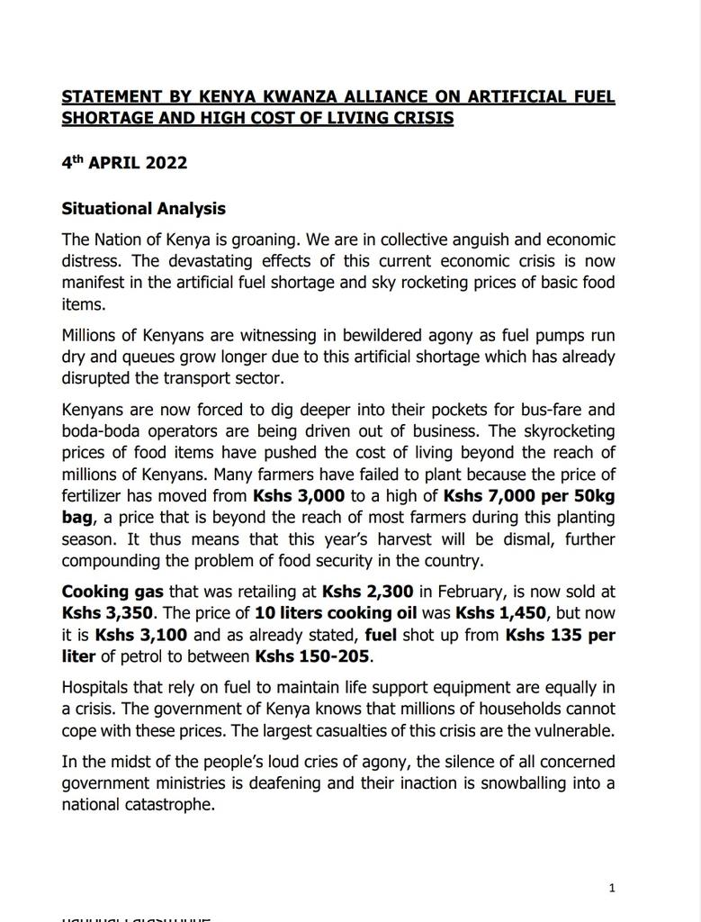 UDAKenya's tweet image. Statement by Kenya Kwanza Alliance on artificial fuel shortage and high cost of living crisis.