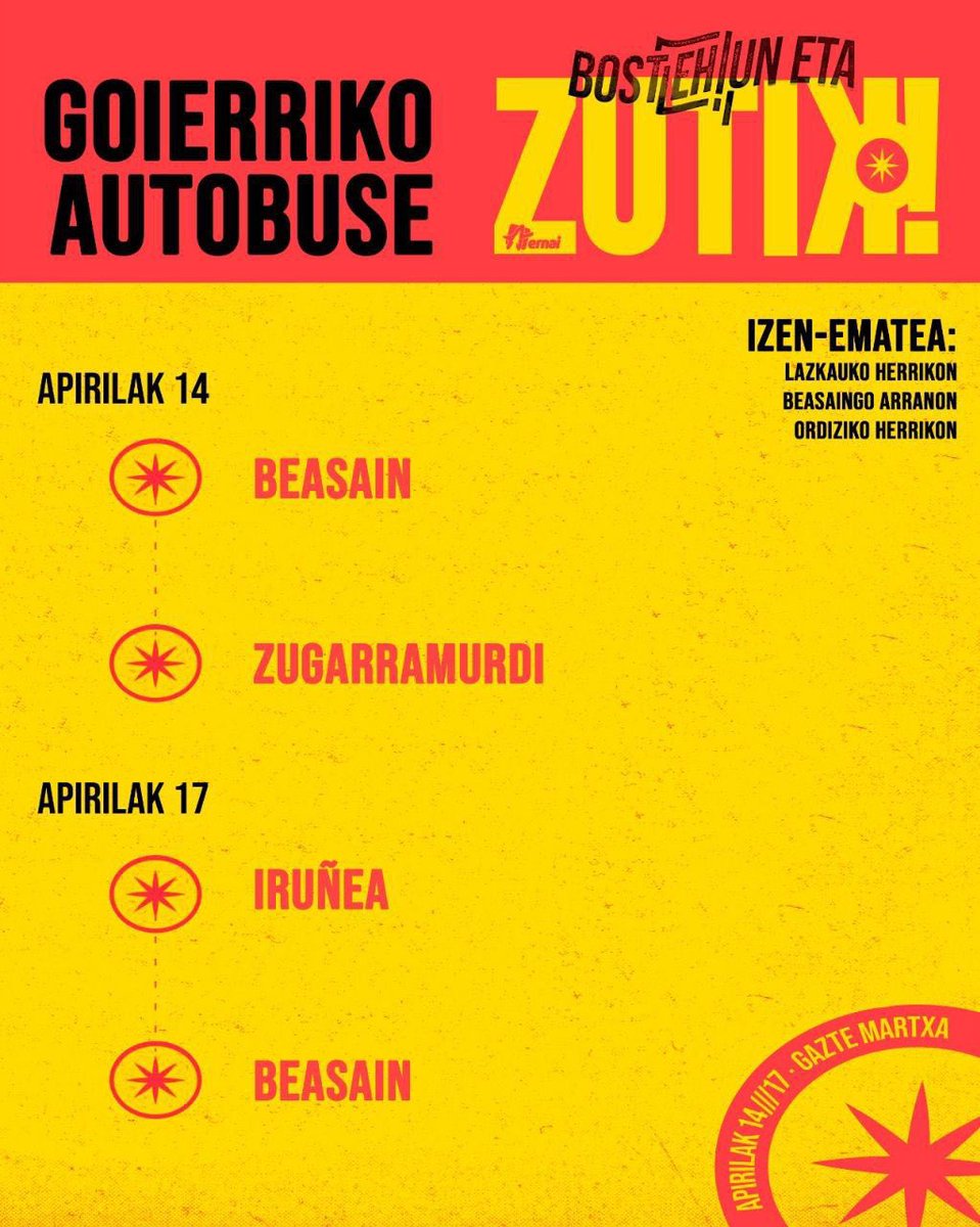 Adi gazte❗️
Goierritik gazte martxa autobusez juteko asmoz❓
Izen emateko zerrendak Lazkauko Herrikon, Beasaingo Arranon eta Ordiziko Arranon❗️
Azkar ibili eta eman izena❗️
Goierriko gazteok ZUTIK!🔥