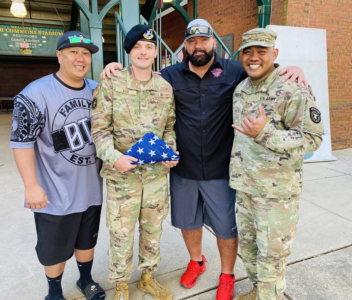 BeardedAFVet's tweet photo. Retired #Army 1st Sgt Rey Adobo, #USAF SSgt Robbie Fow, & Army Major Chad Agustin.
The flag, flown over Victoy Base for Rey after being injured & was presented to him before going home. He presented it to Robbie at his re-enlistment. It was quite a moment. #USSSA #DIRECTORSHIT https://t.co/O4qKG2htlX