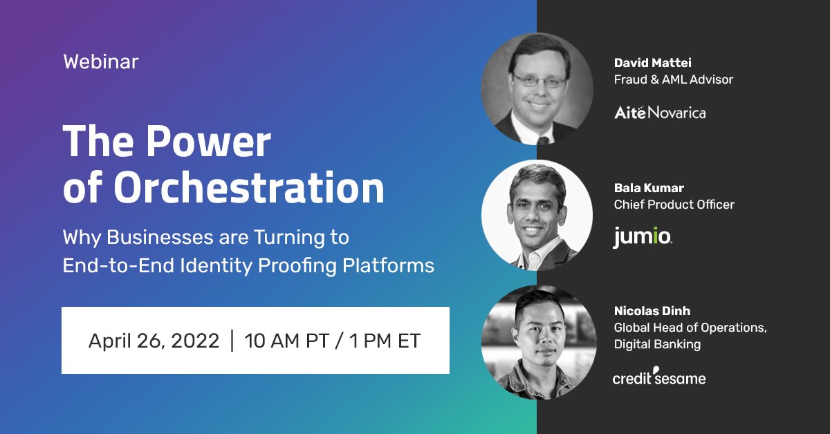 jumio's tweet photo. Join @AiteNovarica, @creditsesame and @jumio on April 26 to learn about the rise of end-to-end identity proofing platforms and how orchestration addresses several challenges. Register now: https://t.co/GB6eiFUEXz #KYC #webinar https://t.co/1m9zIXxqqM