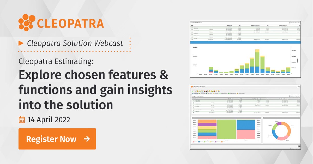 USER ONLY WEBCAST | 14 April 2022, 16:00 - 17:00 (CEST)

During this Cleopatra user webcast, you'll discover new ways and techniques to improve your cost estimating, and master this advanced tool even more.

Register ➡️ costmanagement.eu/cleopatra-webi…