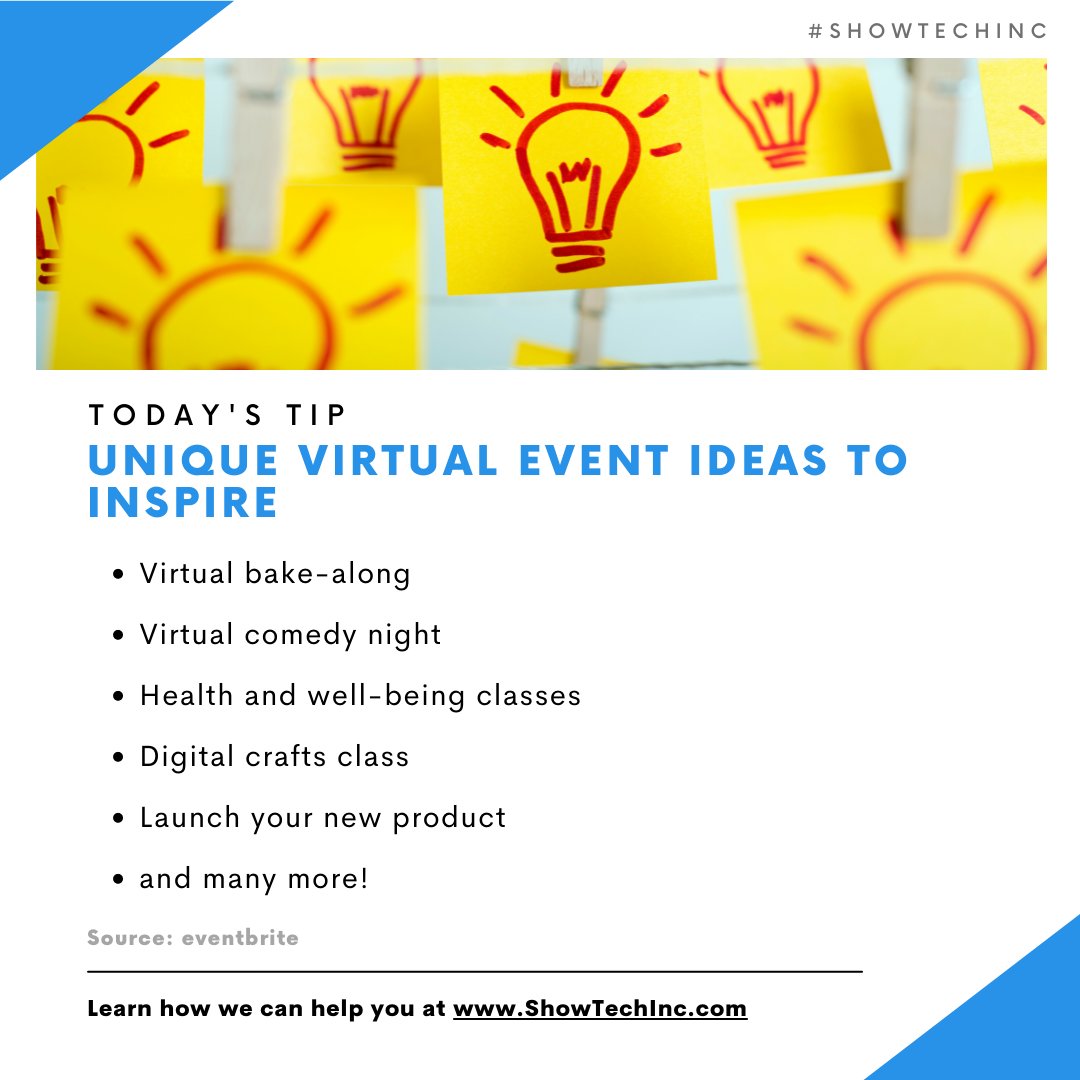 STIAudioVisual's tweet photo. Need help coming up with fun event ideas for your next virtual event? Take a look at 17 unique ideas for inspiration: https://t.co/jzL5apQVlt  #ShowTechInc #EventPlanning https://t.co/soKFx06Nao
