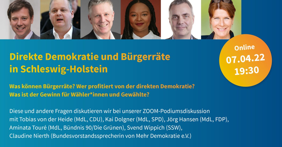 Mehr Demokratie e.V. (@volksentscheid) on Twitter photo Am Donnerstag findet ab 19:30 Uhr eine online-Podiumsdiskussion zum Thema direkte #Demokratie und #Bürgerräte in Schleswig-Holstein statt! Wir diskutieren mit <a href="/TobiasvdHeide/">Tobias von der Heide</a>, @AltJusoKai, <a href="/JRGHANSEN2/">JÖRG HANSEN</a>, <a href="/jankuerschner/">Jan Kürschner</a>, Svend Wippich und <a href="/ClaudineNierth/">Claudine Nierth</a>.
mehr-demokratie.de/service-beratu… Am Donnerstag findet ab 19:30 Uhr eine online-Podiumsdiskussion zum Thema direkte #Demokratie und #Bürgerräte in Schleswig-Holstein statt! Wir diskutieren mit <a href="/TobiasvdHeide/">Tobias von der Heide</a>, @AltJusoKai, <a href="/JRGHANSEN2/">JÖRG HANSEN</a>, <a href="/jankuerschner/">Jan Kürschner</a>, Svend Wippich und <a href="/ClaudineNierth/">Claudine Nierth</a>.
mehr-demokratie.de/service-beratu…