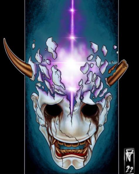 Fan art of the Hannya mask exploding into purple ether.
