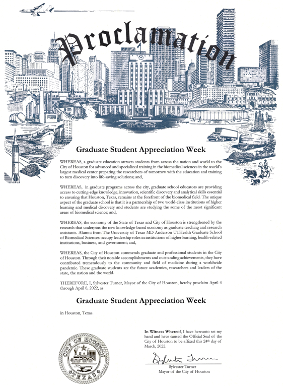 MDA_UTHGrad's tweet photo. Big news! We received a proclamation from Mayor Sylvester Turner for this year’s Graduate Student Appreciation Week, and we are so honored to have this week recognized by the City of Houston. Visit https://t.co/di75ou6JGr to learn more about GSAW
#GSAW2022 #WeAreGSBS https://t.co/3KOOTtrQ0X