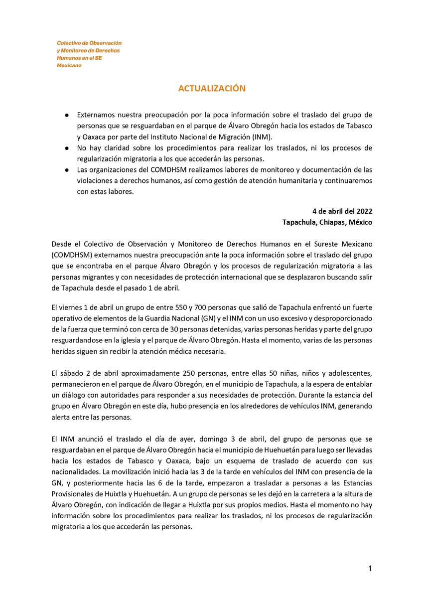 prami_iberocdmx's tweet photo. #COMUNICADO #AlertaFronteraSur
⚠️Desde el #COMDHSM externamos nuestra preocupación por la poca información sobre el traslado y los procesos de regularización migratoria a los que accederán las personas que se resguardaban en el parque de Álvaro Obregón
📌https://t.co/HB7H2QjYCk https://t.co/mSnMgMi6aZ