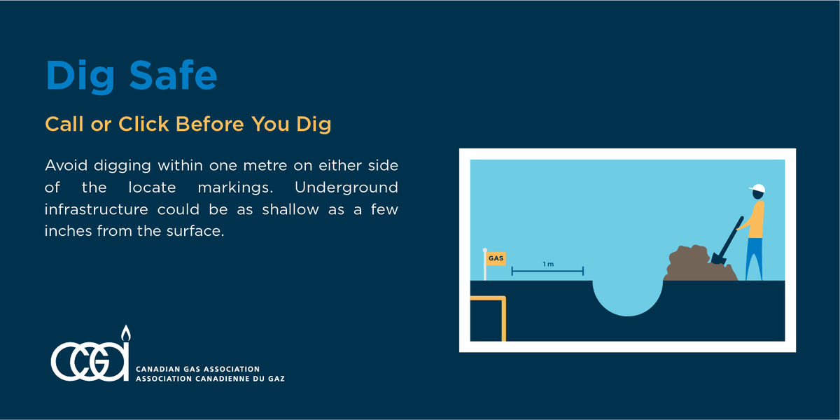 cga_acg's tweet image. Can you dig it? 

Check first and get your locates – and avoid digging within one metre on either side of the locate markings. Underground infrastructure could be as shallow as a few inches from the surface. 

#DigSafe #SafetyFirst #CallorClickBeforeYouDig