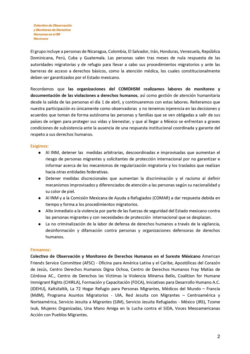 prami_iberocdmx's tweet photo. #COMUNICADO #AlertaFronteraSur
⚠️Desde el #COMDHSM externamos nuestra preocupación por la poca información sobre el traslado y los procesos de regularización migratoria a los que accederán las personas que se resguardaban en el parque de Álvaro Obregón
📌https://t.co/HB7H2QjYCk https://t.co/mSnMgMi6aZ