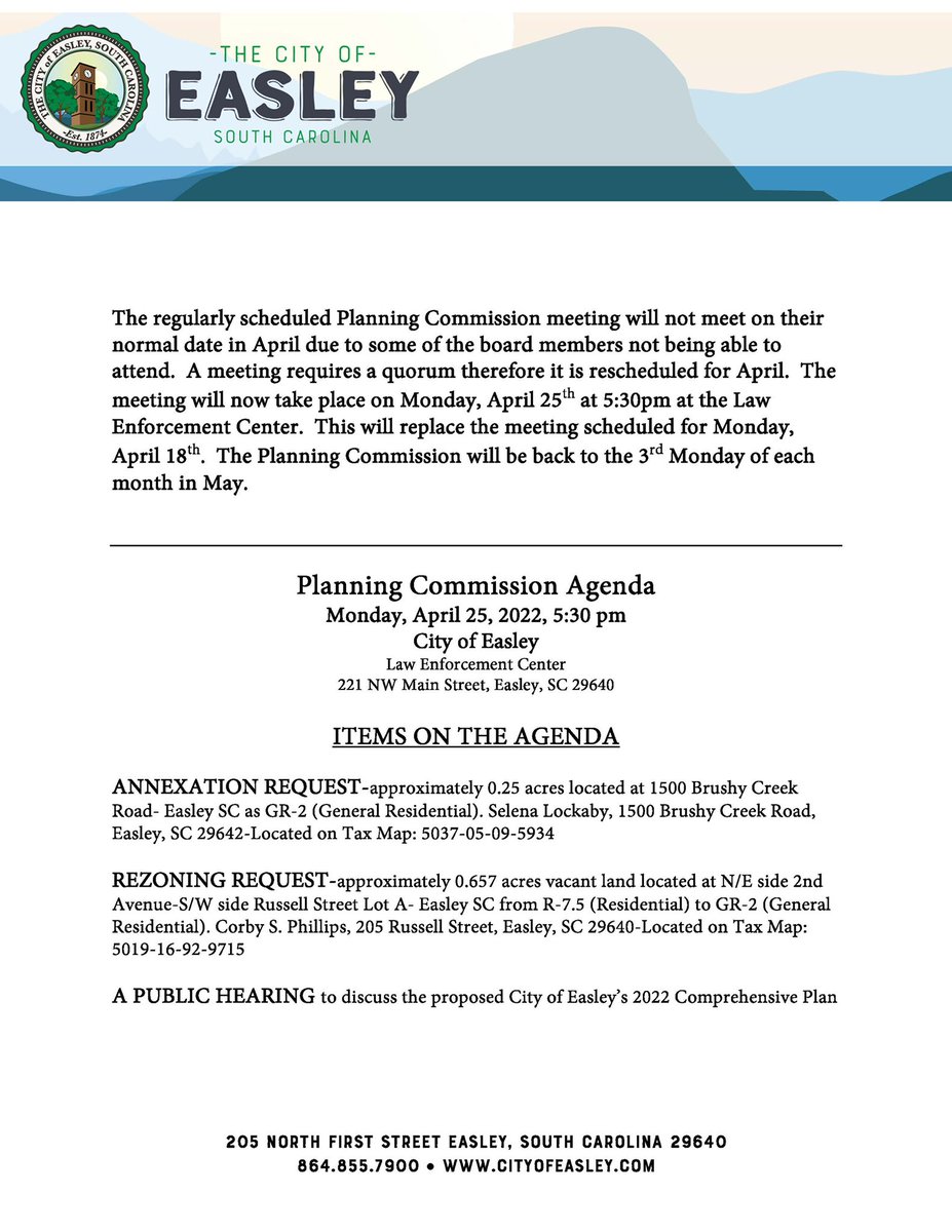 Message about planning commission meeting changes below.