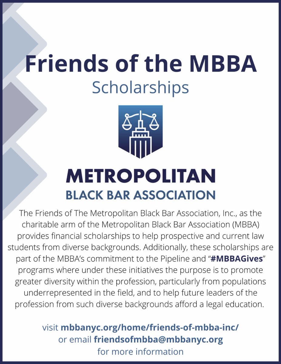 💲💲💲Final Day! The Friends of the #MBBANYC is committed to doing our part to increase the 5% of Black #lawyers in the US.  Apply or refer Black #PreLaw and #Law students today! Applications are due April 4, 2022 @ 5:00pm EST.

Apply for #Scholarships:  mbbanyc.org/home/friends-o…