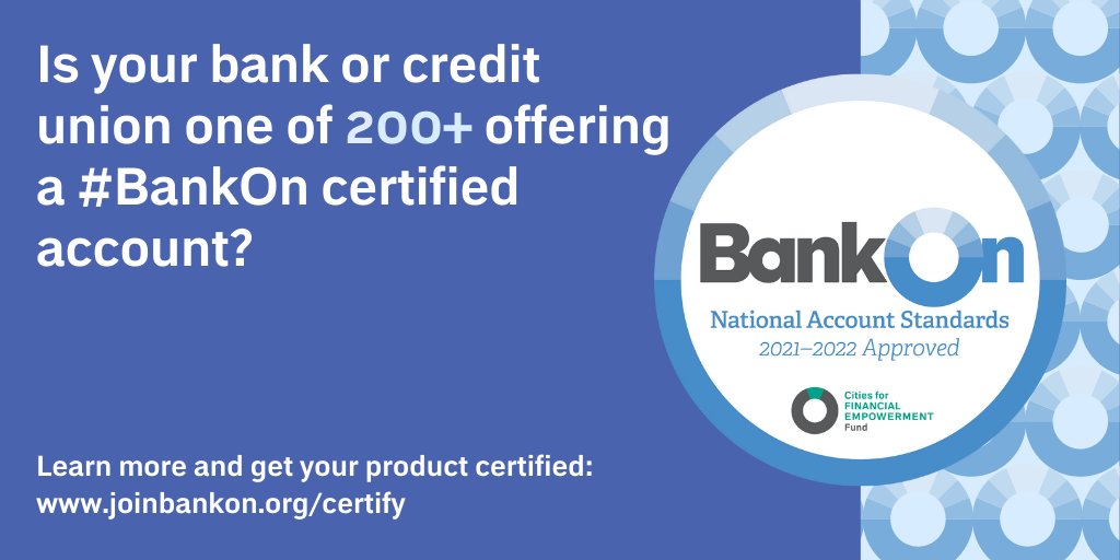CFEfund's tweet photo. There are now 200+ Bank On certified accounts, at institutions comprising 56% of the U.S. deposit marketshare – has your bank or credit union joined the movement yet? 

Visit https://t.co/bDgYWhszhd to learn more. https://t.co/t7euc75M7Z