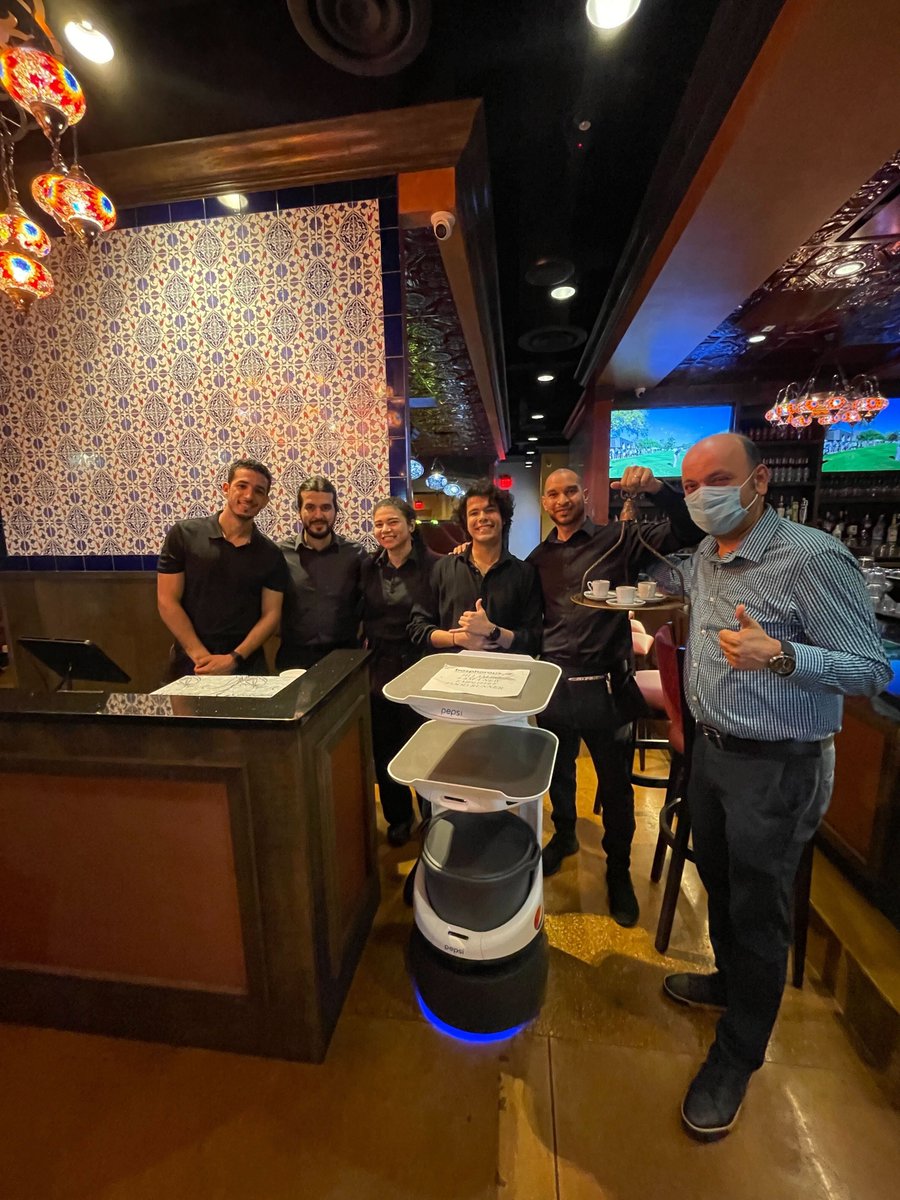 bearrobotics's tweet photo. The Bosphorous team showcasing their newest member, Bo, at their Dr. Phillips location, is all smiles as we continue to grow our partnership with @pepsi! Here's to many more happy and continuous friendships! #ServiServes #BearHospitality #HospitalityElevated #BearRestaurants https://t.co/PRC22oBm54