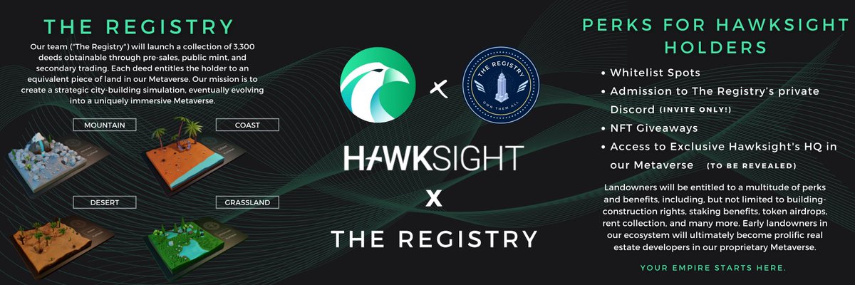 🕊️ Hawksight x The Registry 🏙

❗Announcement❗Another phenomenal partnership, The Registry will be collaborating with <a href="/HawksightCo/">Willie Francis</a>!🎉

🚀 In celebration of our partnership, we will be hosting a 15 WL #giveaway, interact and tag a friend to join🪶! Stay tuned for their HQ soon!