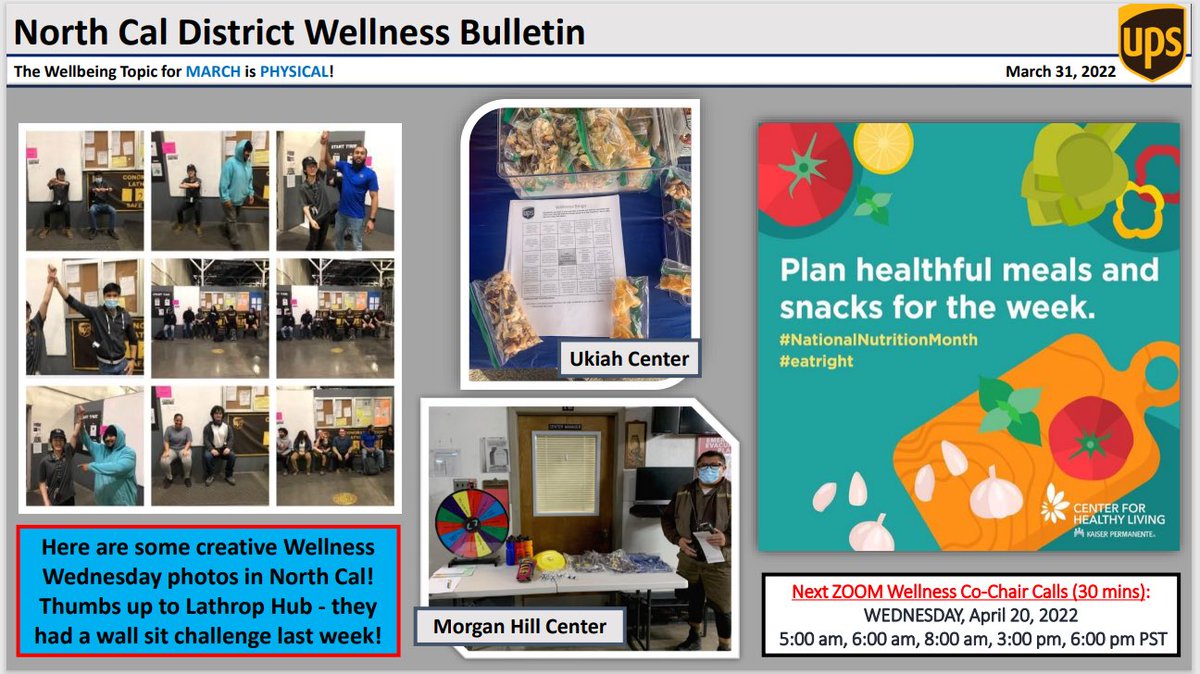 UPSNorCalSafety's tweet photo. Last week’s @upsnorcalsafety Wellness Bulletin features #WellnessWednesday activities from Ukiah Center, Morgan Hill Center, & Lathrop Hub’s awesome wall sit challenge @CharP_RN #upscommcorner #upswellness https://t.co/qjtdGgk8s8