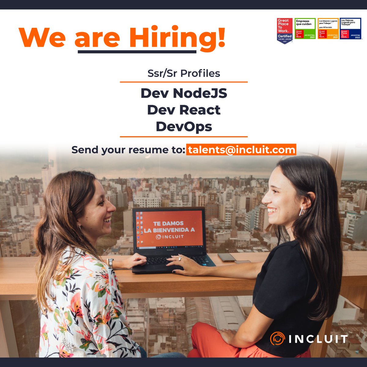 SuGarciaVA's tweet photo. We´re looking for you!📢
Join us and start living this incredible experience!🧡
Send your resume to talents@incluit.com and let us know you🙌🏼🚀
#IncluIT #GPTW #dev #devops #react #nodeJS https://t.co/onuLr0YPFk