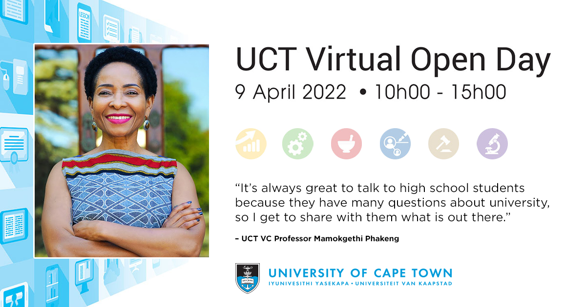 UCT_news's tweet photo. #UCTOpenDay Are you interested studying at UCT?
Find out everything you need to know about the university at the 2022 UCT Virtual Open Day on Saturday, 9 April 2022, via Microsoft Teams. Read more: https://t.co/U5c9CFryZ2 https://t.co/0801Jk8dGI