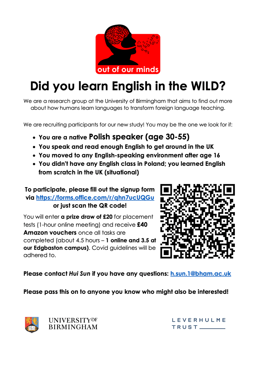 ooominds's tweet photo. We are looking for the last 6 participants for our language learning study! If you know any Polish speakers in Birmingham who did NOT study English in Poland, please send them to us! Link to sign up for participation: https://t.co/VjkL0UsFWC
#HelpResearch #Polish #English ☺️ https://t.co/ktMHFX0xm6