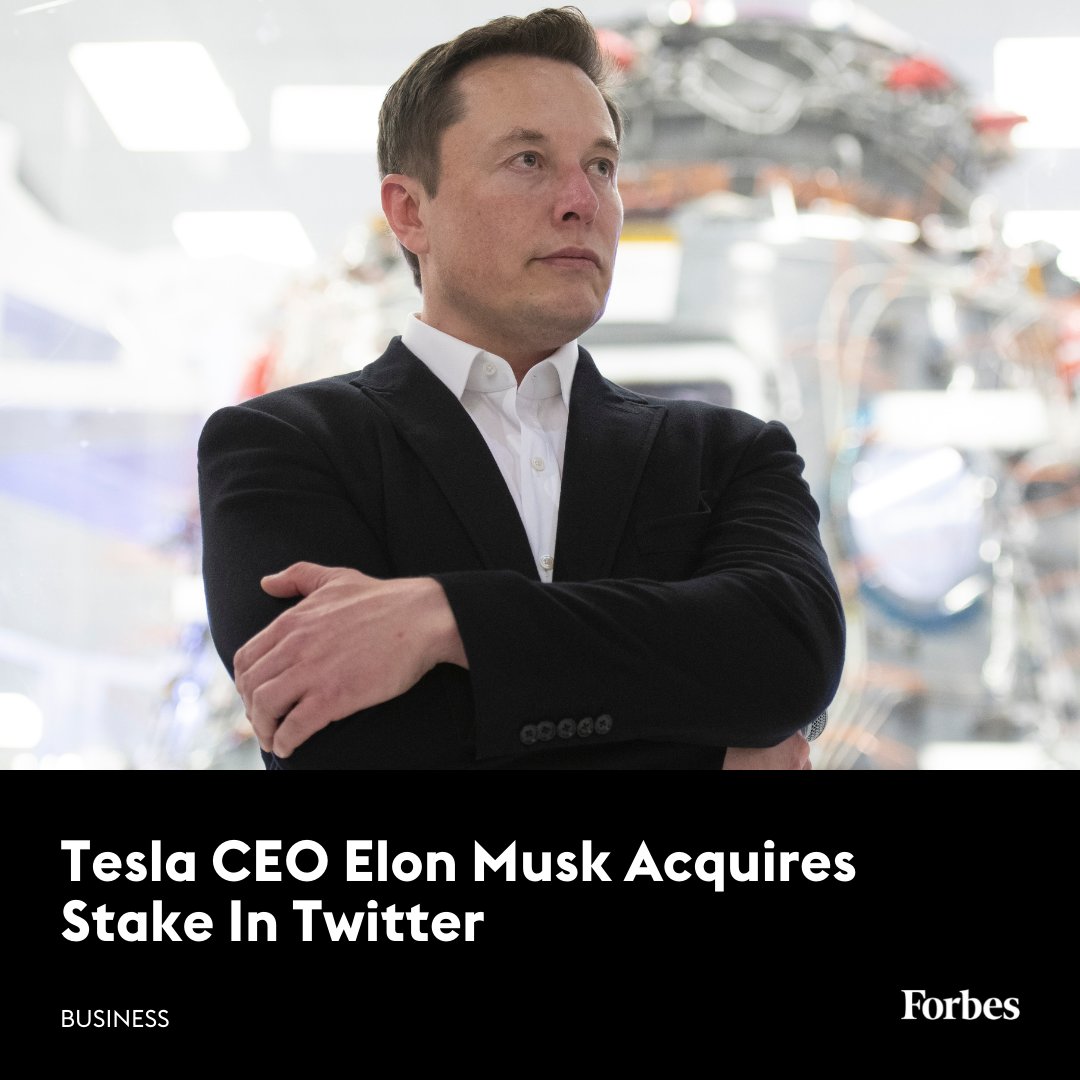 Forbes's tweet photo. #Tesla CEO Elon Musk acquired a 9.2% stake in Twitter, amounting to $2.89 billion as of Friday's closing price. This makes Musk the company's largest shareholder, nearly four times the size of founder Jack Dorsey's 2.25% stake, according to reports. https://t.co/Bgp18AQWw9 https://t.co/s4JoY7gSWP